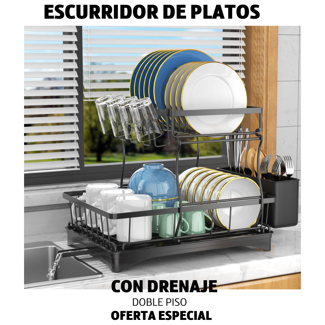 OFERTA ESPECIAL | Escurridor Platos Secaplatos Acero Inoxidable Cocina 2 Pisos Negro