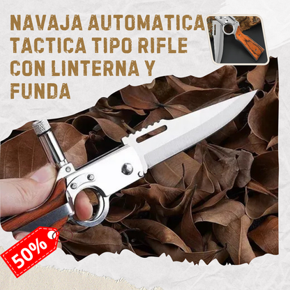 Navaja Automatica Tactica Diseño Rifle Con Linterna Y Funda:🔥 la Mejor herramienta🎁