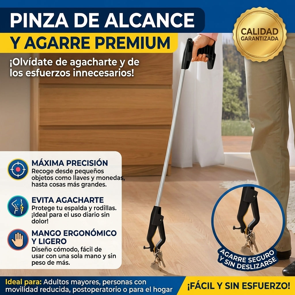 Persona mayor usando la pinza de alcance y agarre premium para recoger unas llaves del piso sin agacharse