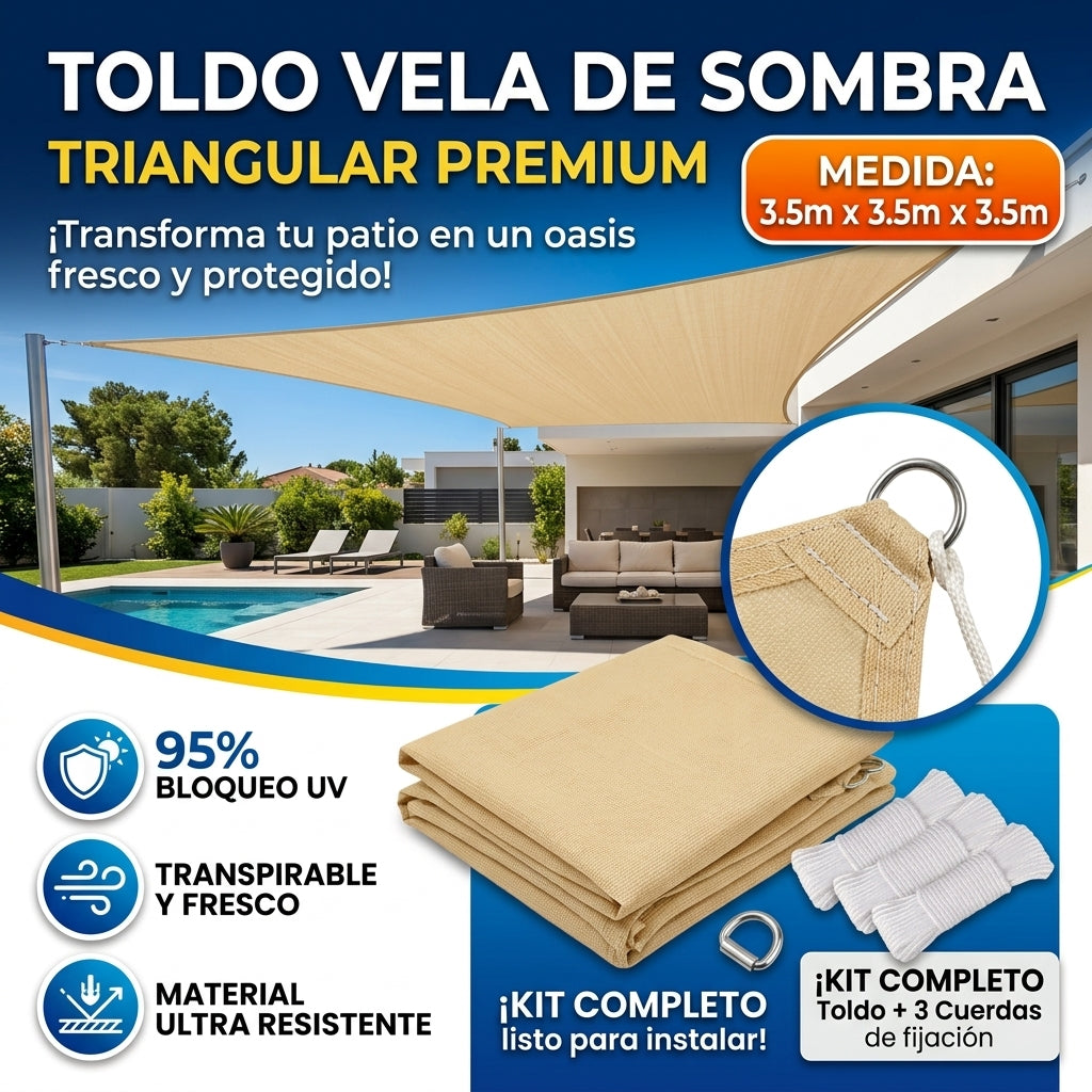 Toldo Vela Triangular 3.5x3.5m instalado en patio con piscina