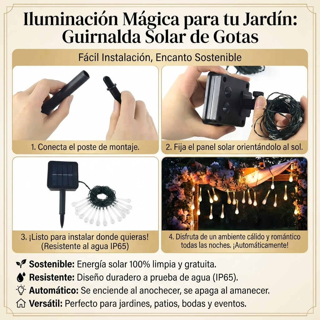 Magia🌟 Solar para tu Jardín: Guirnalda de Cristales 💦Multicolor Solar Gotas😉