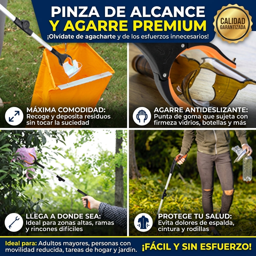 Cuatro usos de la pinza de alcance: recoger basura sin tocarla, sujetar botellas, alcanzar ramas altas y evitar dolores de espalda