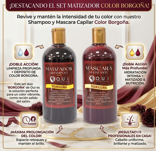 SET DÚO Matizador Borgoña — Shampoo + Máscara Capilar | ¡Recupera tu Color Vibrante desde el Primer Uso!