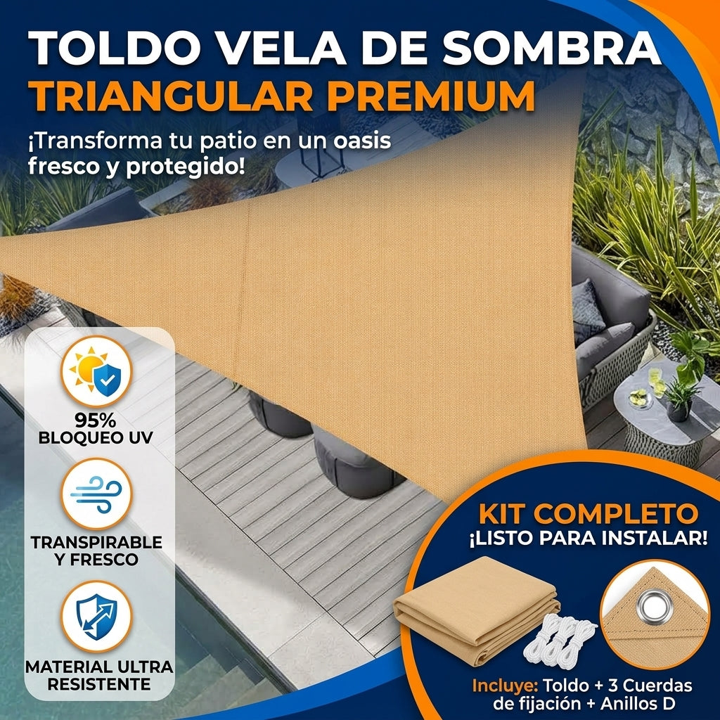 Toldo vela instalado en terraza de madera junto a plantas