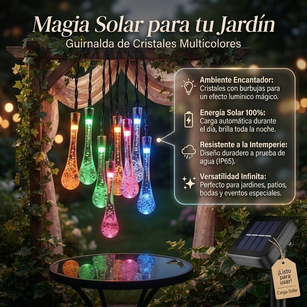 Magia🌟 Solar para tu Jardín: Guirnalda de Cristales 💦Multicolor Solar Gotas😉