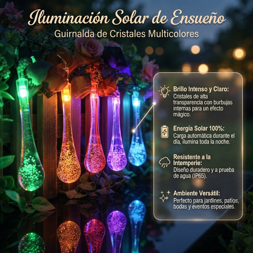 Magia🌟 Solar para tu Jardín: Guirnalda de Cristales 💦Multicolor Solar Gotas😉