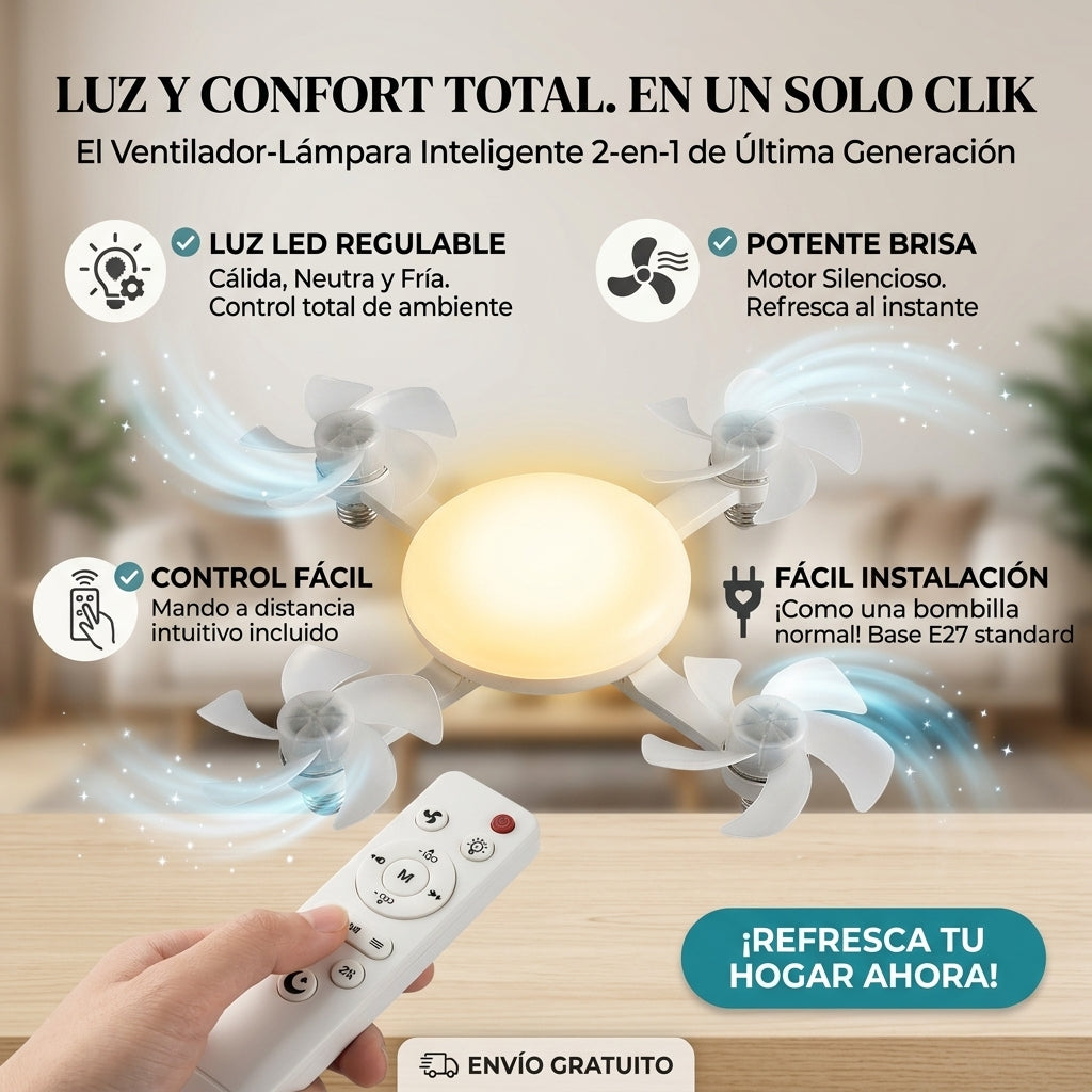 😯💨Ventilador/Lampara: 4 Aspas, 4 modos de Iluminación 💡Inteligente🤯💨