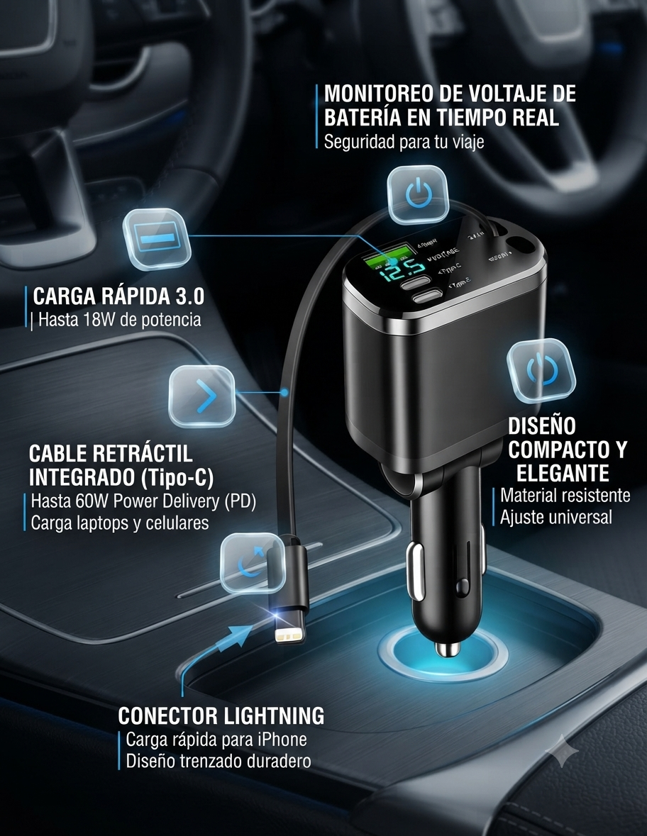 PowerDash M4🔥 Cargador Inteligente para Auto: 🤯Energía Total sin Enredos🚗