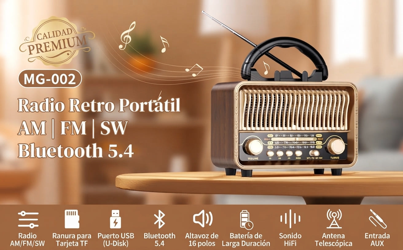 Radio vintage reproduciendo música por bluetooth
