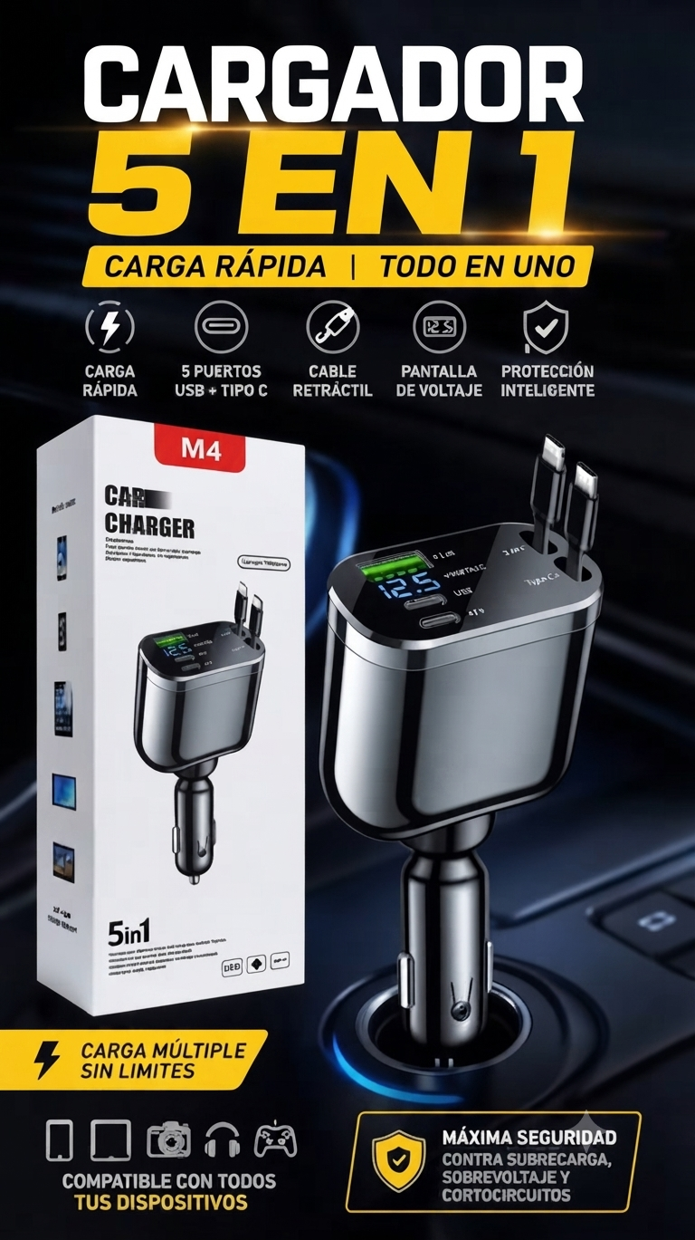 PowerDash M4🔥 Cargador Inteligente para Auto: 🤯Energía Total sin Enredos🚗
