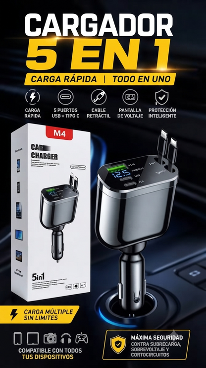 PowerDash M4🔥 Cargador Inteligente para Auto: 🤯Energía Total sin Enredos🚗