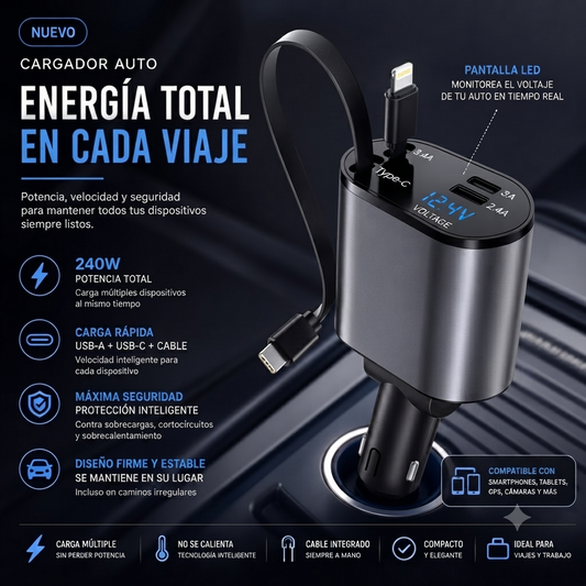 PowerDash M4🔥 Cargador Inteligente para Auto: 🤯Energía Total sin Enredos🚗