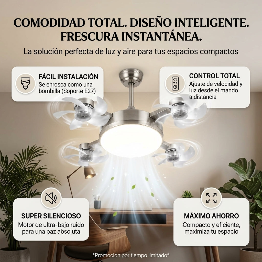 😯💨Ventilador/Lampara: 4 Aspas, 4 modos de Iluminación 💡Inteligente🤯💨