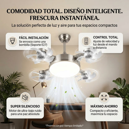 😯💨Ventilador/Lampara: 4 Aspas, 4 modos de Iluminación 💡Inteligente🤯💨