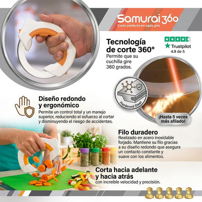 Samurai360 🔪Cuchillo Circular Giratorio🔥La forma rápida y segura de cocinar👩🏻‍🍳